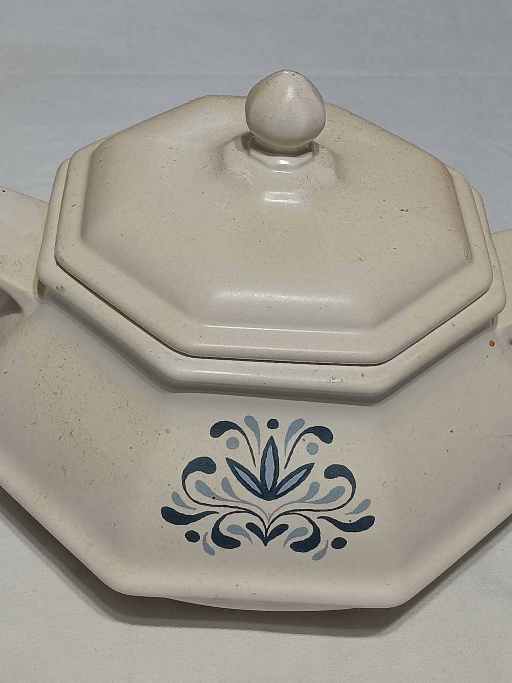 Cream Ceramic Covered Serving Dish with Blue Floral Motif